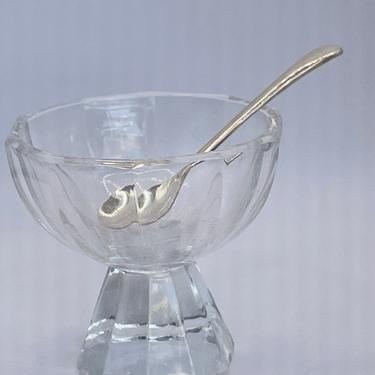 Vintage Clear Crystal Panel Glass Pedestal Salt Cellar and Silver Serving Spoon. Chip Free 