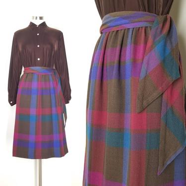 Rainbow Plaid Wool Skirt, Small / Vintage Plaid Skirt with Sash / Brown Office Midi Skirt / Colorful Flared A Line Skirt with Pockets 
