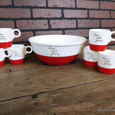 MCM Mid Century Modern Tom &amp; Jerry Milk Glass Red and White Punch Bowl with 6 Cups 