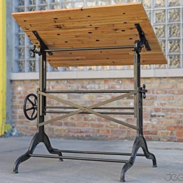 vintage drafting table by Dietzgen with custom-made upcycled railcar flooring wood top—rare and scarce 