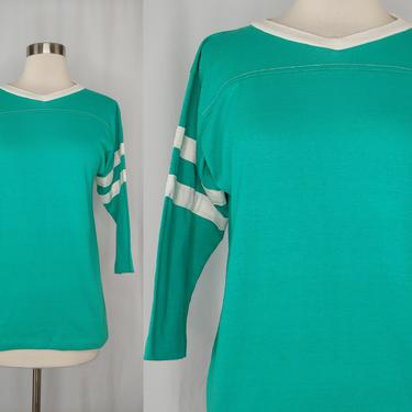 Vintage 70s Sprint of California Medium Green Cotton Poly Striped Sleeve Athletic Shirt with 3/4 Sleeves - Vintage Seventies Top 