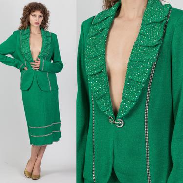 Vintage Jeweled Green Knit Blazer Jacket & Skirt Set - Large | 90s Donna Vinci High Waist Midi Skirt Outfit 