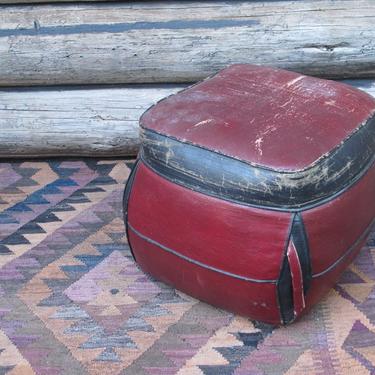 Art Deco Leather Ottoman French Country Pouf Distressed Leather Footstool 1930s Club Chair Ralph Lauren style Ottoman Red Black Stool 