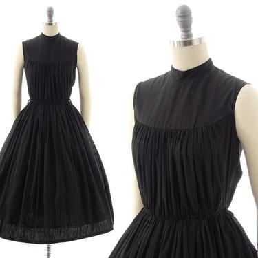 Vintage 1950s Sundress | 50s Solid Black Cotton Sleeveless Minimalist Fit and Flare Full Skirt Day Dress (small) 