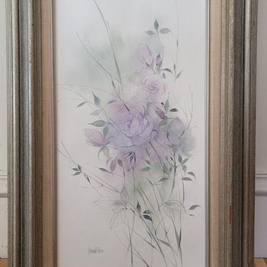 Vintage Purple Floral Botanical Motif Painting by San Francisco Artist Harriet Ross