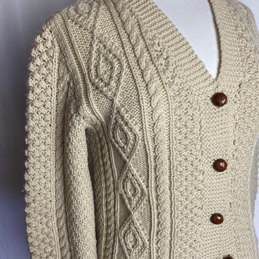 Vintage wool sweater~ hand knit~ chunky woolen cardigan~ nubby cable knit leather buttons~ size Sm- Med 