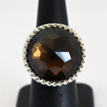Big vintage Whitney Kelly 925 silver smoky topaz size 7.25 statement, bold faceted brown gem crenulated sterling KW China bling ring 
