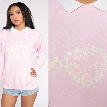 Heart Sweatshirt 80s Collared Sweatshirt Slouchy Pullover 90s Baby Pink Pastel Sweatshirt Graphic Print Sweatshirt 90s Large L 