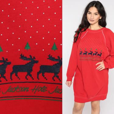 Christmas Pajama Dress Jackson Hole Wyoming T Shirt Dress Xmas Moose Pajamas Cartoon Tshirt 80s Dress Nightie Mini Red Vintage Large L 
