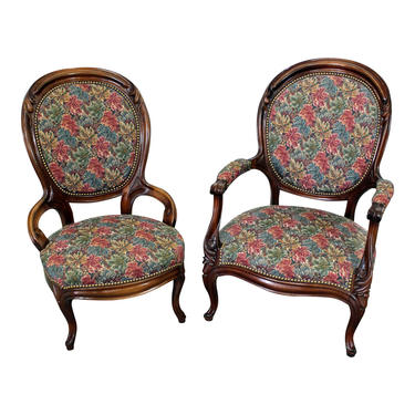 Pair of Vintage Victorian Parlor Set Ladies & Gentleman Chairs 