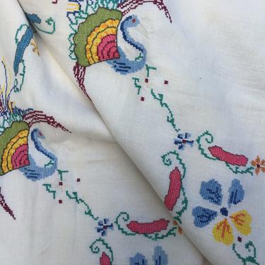 Vintage Small Exotic Bird Petite Stitch Tablecloth, Boho Table Scarf, Small Linen Table Cloth Floral Design And Birds 