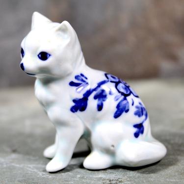Elegant Vintage Ceramic Cat Figure - White &amp; Blue Cat Ceramic - Kitty Collectible - Floral Decoration - Hand Painted  | FREE SHIPPING 