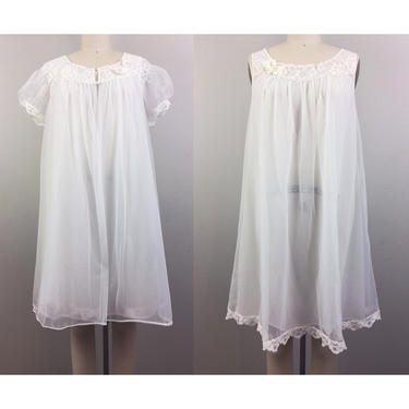 Vintage 50s 60s White Peignoir Set Sheer Lace Flowers Vanity Fair Babydoll Nightgown Robe 1950s 1960s Lingerie XS/S 