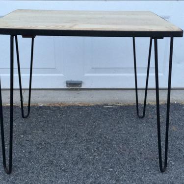 Vintage Mid Century iron hairpin leg side table with solid limed oak top accent 