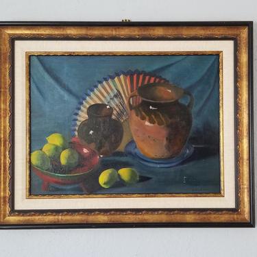1980s Midcentury Still Life Oil Painting by F. Merrim. 