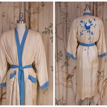 1920s Robe - The Akoya Robe - Iconic Vintage 20s Embroidered Pongee Silk Wrap Lounge Robe with Blue and White Floral Motif 