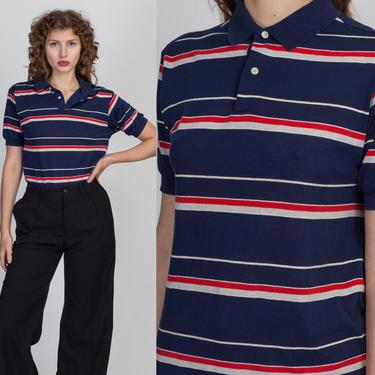 90s Navy Blue Striped Polo Shirt - Medium | Vintage Short Sleeve Collared Top 