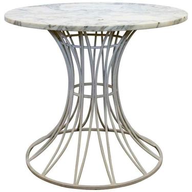 Mid Century Modern Woodard White Patio Table w Marble Top Round 1960s 