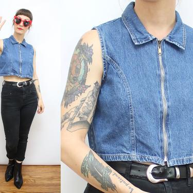 Vintage 90's Blue Denim Cropped Top / 1990's Zipper Front Crop Top / Soft Denim / Summer / Women's Size Small - Medium by Ru