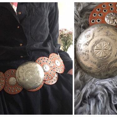 vintage handcrafted leather belt - handmade Moroccan belt / tan leather belt, silver grommets &amp; buckle / vintage boho belt, 70s hippie belt 
