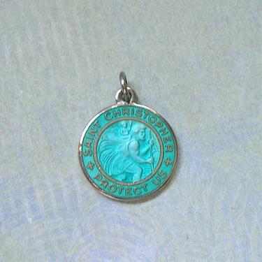 Vintage Sterling and Blue Enamel Saint Christopher Pendant, Old St. Christopher Medal, St. Christopher Religious Medal (#3923) 