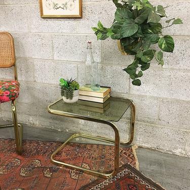 LOCAL PICKUP ONLY Vintage End Table Retro 1980s Tinted Smokey Glass Top With Gold Metal Frame Side or End Table for Living Room + Bedroom 