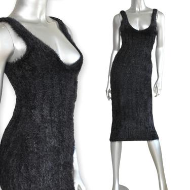 Y2K Black Knit Angora Sweater Dress Size Medium Mid Calf Dress 