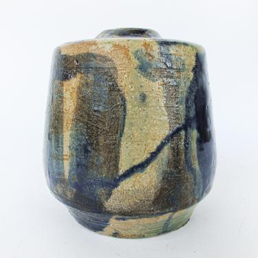Vintage Hand-Spun Ceramic Pottery Vase With White, Green and Blue Textured Swirl Design 