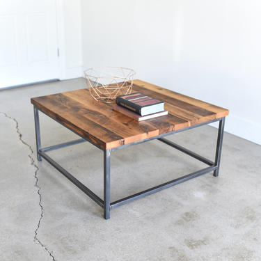 Square Coffee Table / Rustic Reclaimed Wood and Steel Box Frame Table 
