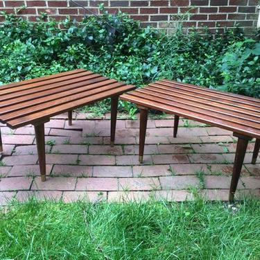 Vintage mid century walnut slat benches &mdash;