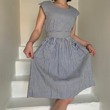 1930s Blue and White PInafore Striped Dress Repairs Small Vintage 