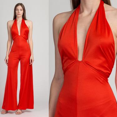 70s Frederick's of Hollywood Red Halter Jumpsuit - Petite Small | Vintage Deep V Sexy Flared Disco Pantsuit 