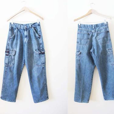 Vintage 90s 2000s Cargo Pocket Baggy Jeans 28 S M - E Girl Raver Jeans -  High Waist Jeans - Faded Tech Denim Stone Wash Jeans 