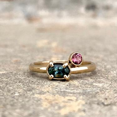 Teal Montana Sapphire and Pink Sapphire Corner Ring in 14k Yellow Gold alternative engagement ring statement ring every day ring 