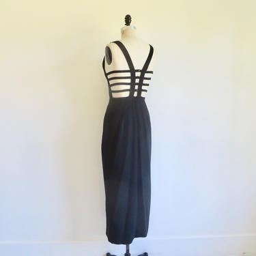 Vintage 1990's Black Cage Back Long Maxi Evening Dress Cocktail Party Sexy Fitted Tailored 90's Fashion Style Rex Lester 30&quot; Waist Medium 
