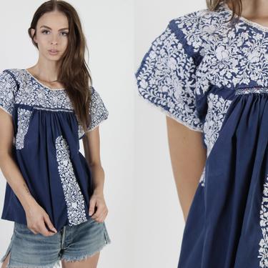 Navy Blue Mexican Top / Cotton Oaxacan Tunic / All White Hand Embroidered Blouse / Vintage A Line Made In Mexico Shirt 