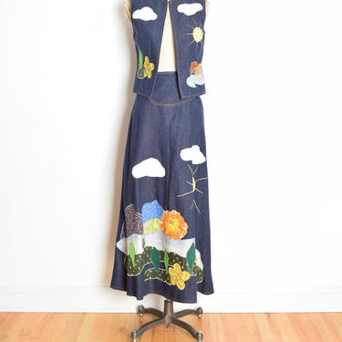vintage 70s skirt denim applique patchwork long maxi high waisted hippie set XS boho clouds outfit 
