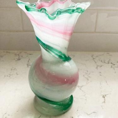 Murano Style Pink and Teal Swirl Hand Blown Ruffled Top Pitcher Glass by LeChalet