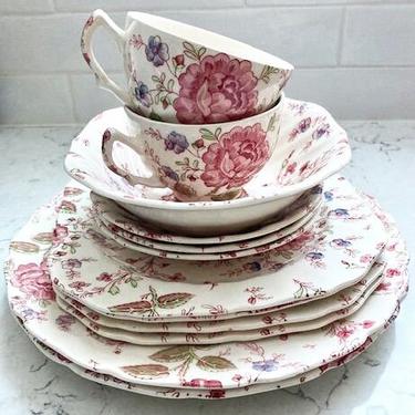 12 Piece Vintage Pink Rose Chintz China, Antique Chintz China Rose Floral Design by LeChalet