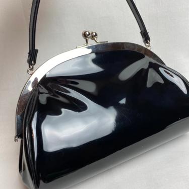 50’s-60’s glossy black patent leather handbag ~ silver clasp closure~ pinup retro rockabilly~  mod MCM purses 