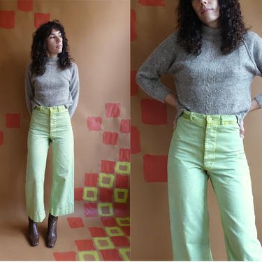 Vintage Overdyed Sailor Trousers/ High Waisted Green Button Fly Navy Uniform Pants/ Wide Leg Cropped/ Size 27 