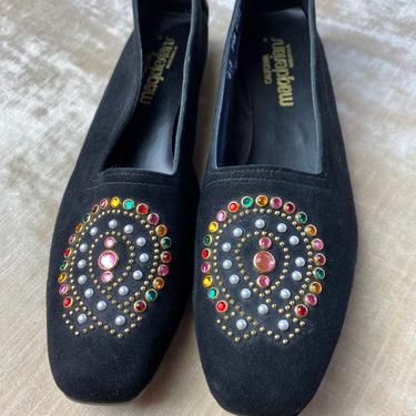 60’s jeweled toe slip on wedge shoes Magdesians size 9.5 deadstock condition Black soft suede rainbow of color beading 1960s loafer 