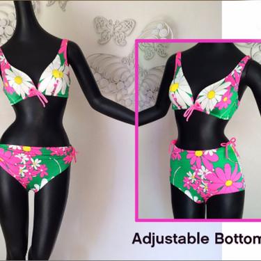 MOD Vintage 60s DeWeese Designs Bikini Swimsuit Adj. High Waist or Low Two Piece Bathing Suit Flower Power NEON Pink Green Spandex SM 