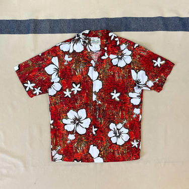 Size S/M Vintage 1960s 1970s Diamond Head Red White Yellow Brown Floral Aloha Shirt 