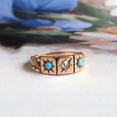 Antique Victorian Rose Cut Diamond Turquoise Star-Set Three Stone Gypsy Ring 10K 