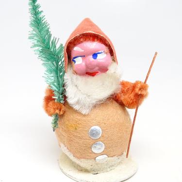 Antique Spun Cotton Santa with Faux Feather Christmas Tree, Hand Painted Clay Face, Vintage Retro Decor 