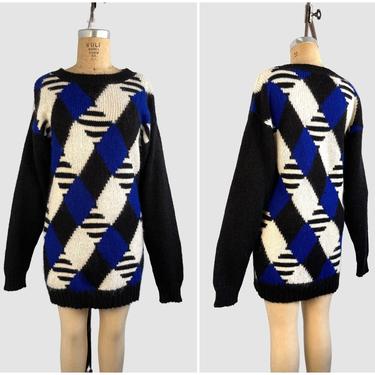 CHRISTIAN DIOR Separates Vintage 80s Oversized Sweater | 1980s Mohair Knit Pullover Top | Designer Avant Garde Geo Print | Size Medium Large 