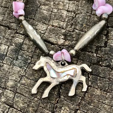 Vintage Sterling Necklace Abalone Inlay Horse Pendant Shells Southwest Silver Jewelry 