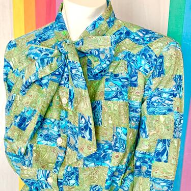 Vintage Pussy Blouse, Bow Front, Psychedelic, High Neck,  Silky Polyester Top, Vintage 70s 