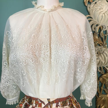 1950s ivory blouse, sheer nylon blouse, embroidered blouse, vintage 50s blouse, button back, peplum blouse, 1950s cream shirt, mum, feather 